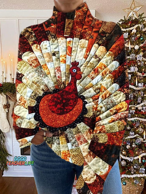 Turkey Art Print Knit Turtleneck Pullover Sweater