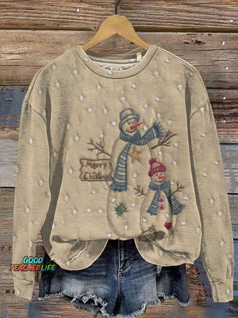 Retro Christmas Snowman Art Print Casual Sweatshirt