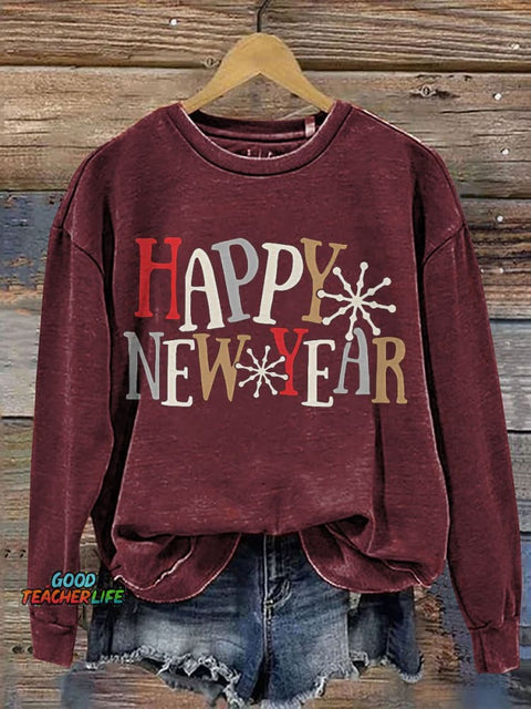 Happy New Year Casual Print Sweatshirt