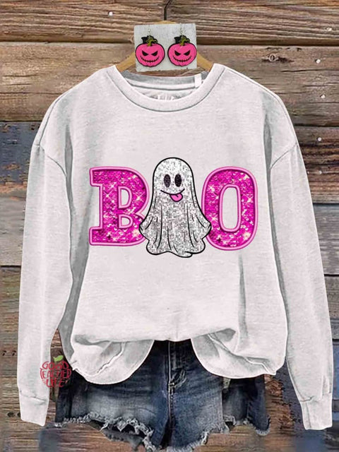 Retro Glitter Halloween Boo Print Sweatshirt