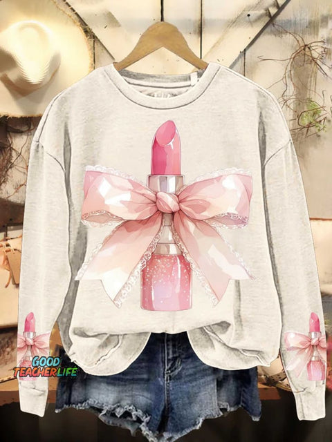 Christmas Bow Pink Lipstick Casual Sweatshirt