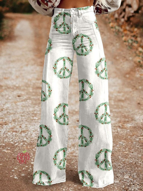 Women's Christmas Peace Sign Print Casual Wide Leg Pants