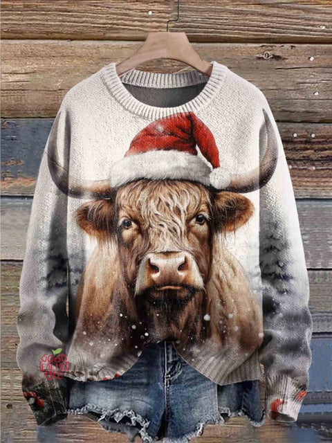 Highland Cow Round Neck Fashionable Retro Casual Printed Sweater Wearing Santa Hat at Christmas