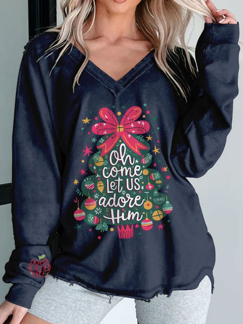 Women's Oh Come Let Us Adore Him Coquette Christmas Tree Print Long Sleeve V-neck Comfortable Cotton Shirt