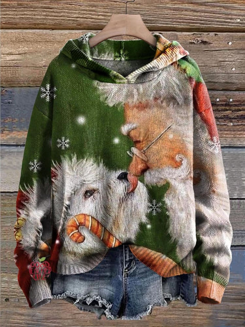 Christmas Cute Santa Dog Art Pattern Print Casual Knitted Hoodie Sweater