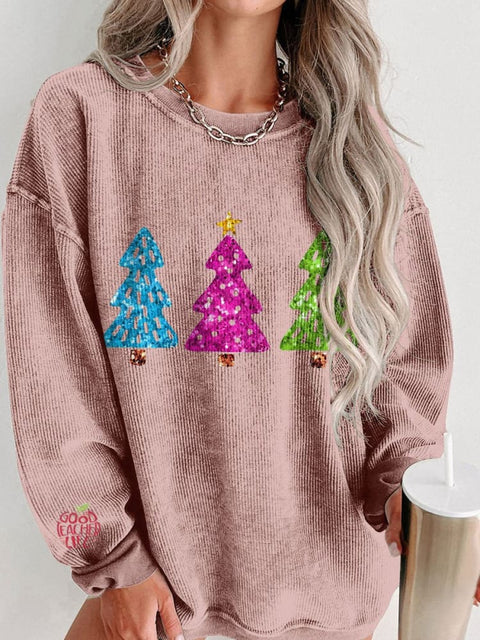 Women's Christmas Tree Casual Print Corduroy Sweatshirt