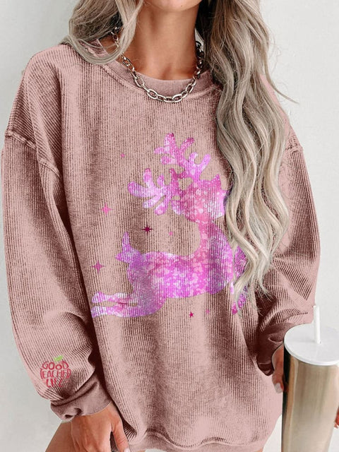 Women's Pink Girls Christmas Casual Print Corduroy Sweatshirt