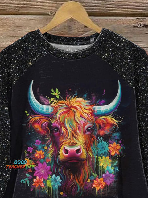 Multicolor Highland Cow Art Printed Casual Sweatshirt