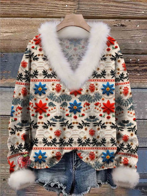 Christmas Print Knit Pullover Fur Collar Sweater