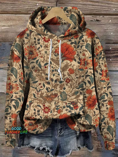 Flowers Retro Print Casual Hoodie Sweatshirt