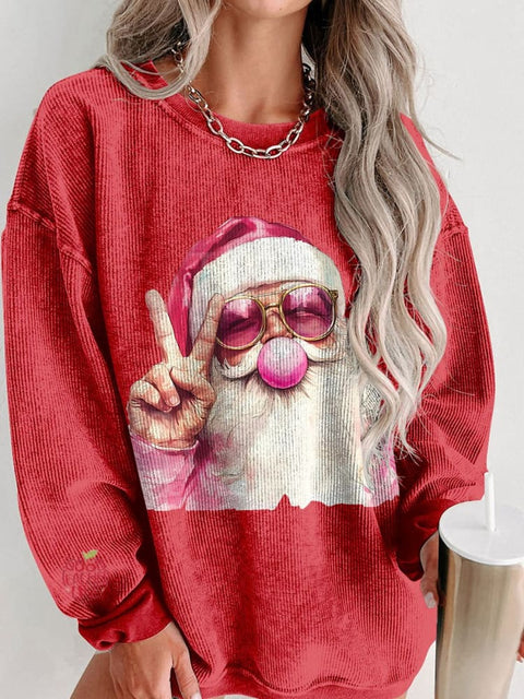 Women's Retro Santa Christmas Blowing Bubble Christmas Casual Print Shirt