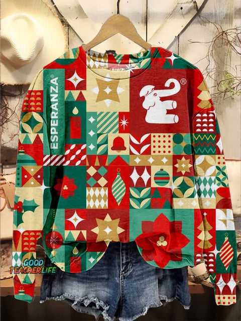 Simple Geometric Splicing Contrasting Colors Christmas Casual Print Sweatshirt