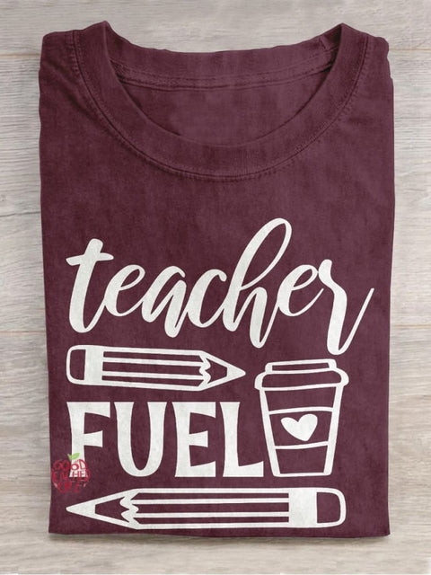 Teacher Fuel Pencil Coffee Casual Print T-shirt