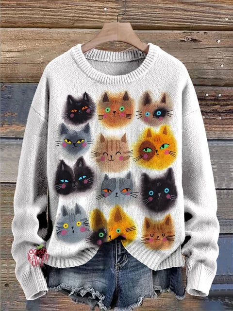 Funny Cats Portrait Art Pattern Print Casual Knit Pullover Sweater