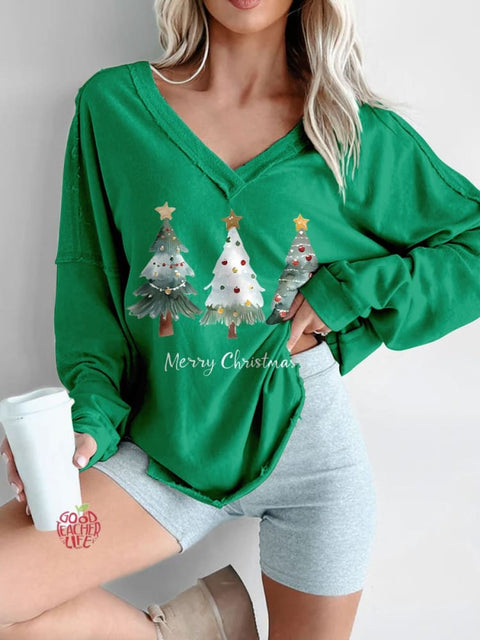 Women's Merry Christmas Tree Print Long Sleeve V-neck Comfortable Cotton Shirt