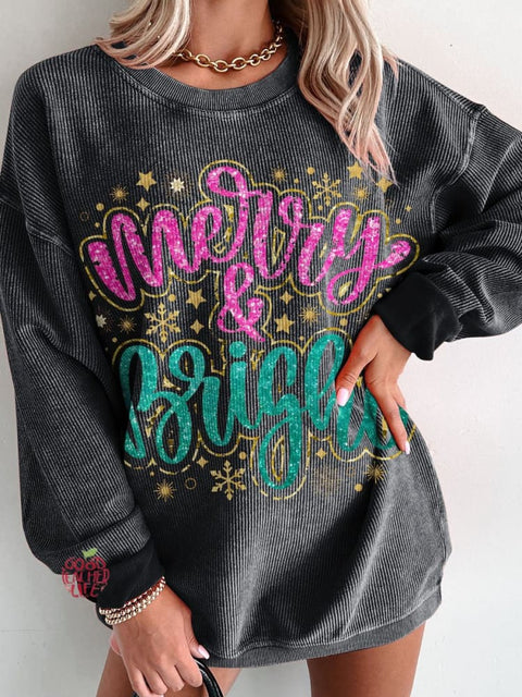 Christmas Merry & Bright Golden Glitter Women's  Casual Print Corduroy Sweatshirt