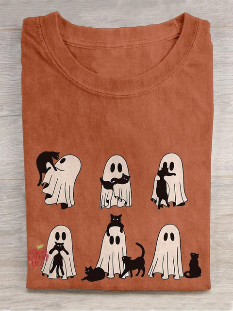 Ghost Cat Halloween Casual Print T-shirt