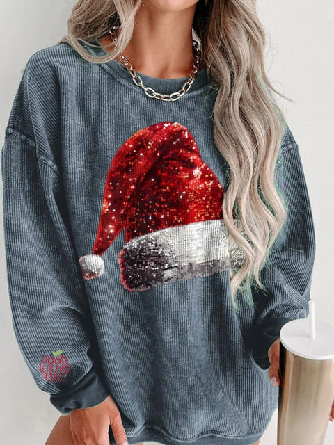 Christmas Glitter Santa Hat Print Women's Casual Sweatshirt