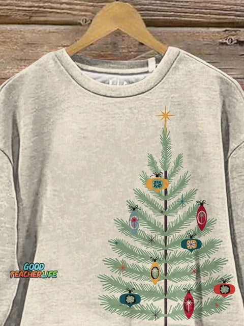 Retro Christmas Tree Art Printed Casual Sweatshirt