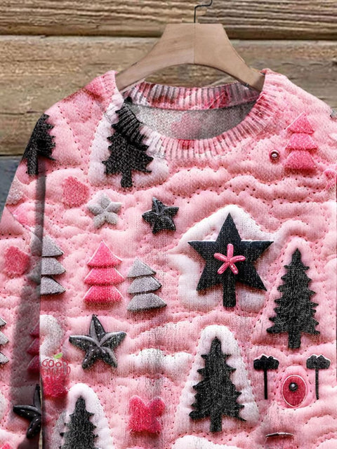 Christmas Tree Pink 3D Simulation Art Print Knit Pullover Sweater