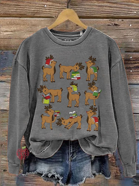 Reindeer Reading Teacher Christmas Book Lover Reading Teacher Casual Print Sweatshirt