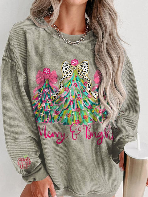 Christmas Merry and bright christmas tree coquette Women's  Casual Print Corduroy Sweatshirt