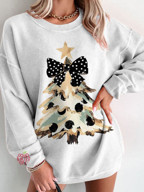 Women's Camo Coquette Bow Christmas Tree Casual Print Corduroy Sweatshirt