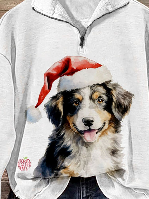 Christmas Dog Wearing Santa Hat Print Casual Long Sleeve Zip Sweatshirt