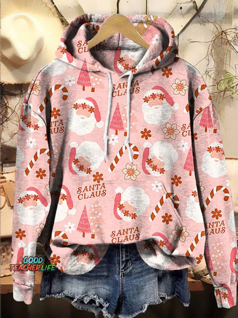 Christmas Candy cane Pink Santa Claus Hooded Casual  Sweatshirt
