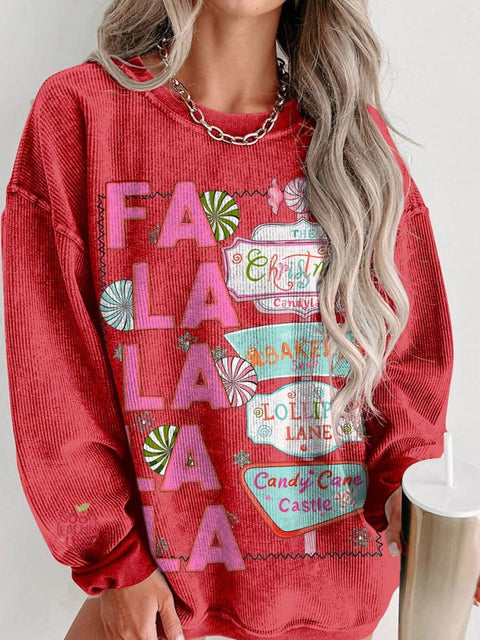 Christmas FaLaLaLaLa Retro Pink Women's  Casual Print Corduroy Sweatshirt