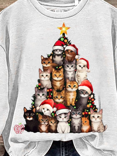 Christmas Cats Cosplay Christmas Tree Print Casual Sweatshirt