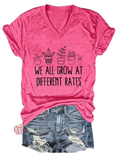 Women's We All Grow At Different Rates Teacher V-neck T-shirt