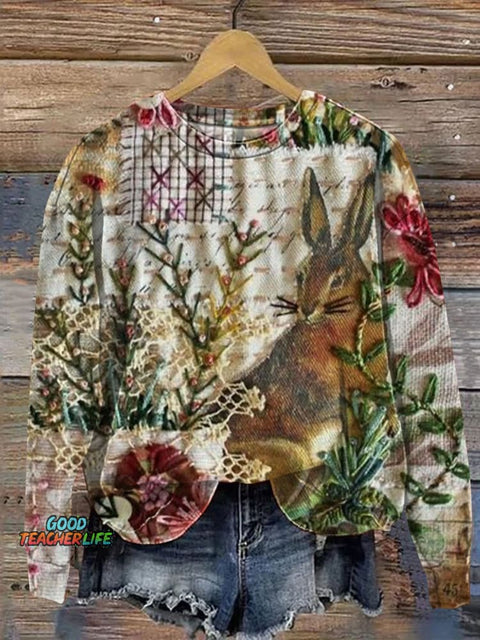 Retro Flowers Patchwork Art Print Casual Sweatshirt