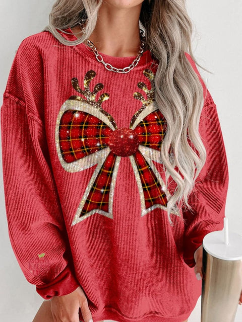 Christmas Reindeer Plaid Bow Print Women's Casual Sweatshirt