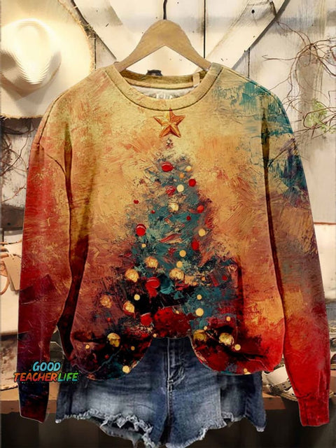 Oil Painting Color Christmas Tree Christmas Casual Print Sweatshirt