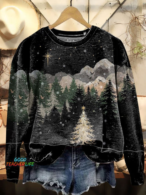 Pine Forest, Mountains and Starry Sky Art Print Casual Sweatshirt