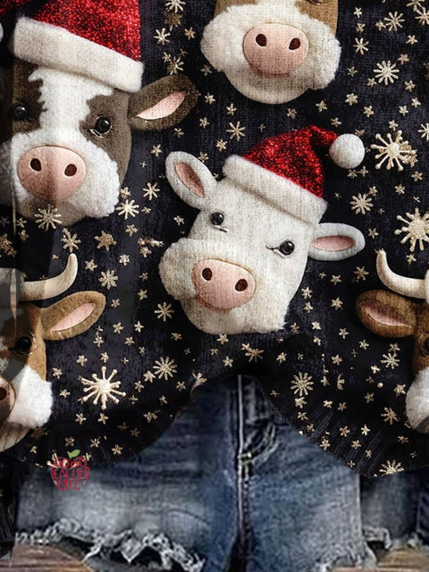 Christmas Gift Christmas Cow Art Print Knit Pullover Sweater