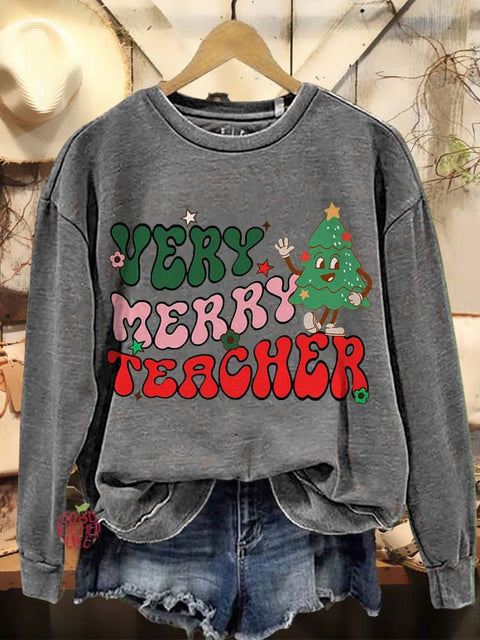 Merry Christmas Very Merry Teacher Casual Print Sweatshirt