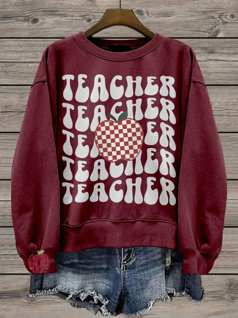 Teachers Retro Apple Casual Print Sweatshirt