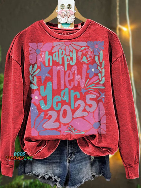 Retro Happy new year 2025 pastel floral Casual  Sweatshirt