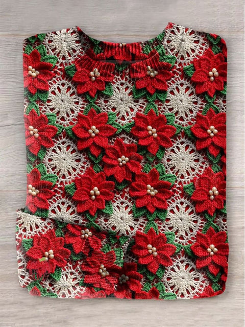 Christmas Red Poinsettia Print Knit Pullover Sweater