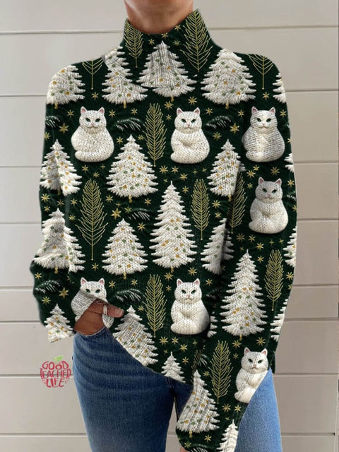 Women's Lovely Christmas Tree Cats Art Print Knit Turtleneck Pullover Sweater