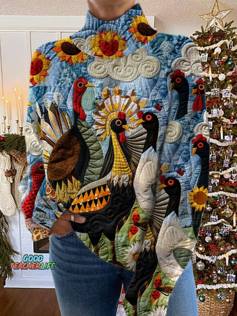 Turkey Art Print Knit Turtleneck Pullover Sweater