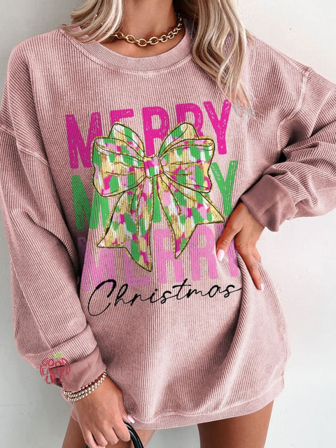 Women's Pink Glitter Christmas Coquette Casual Print Corduroy Sweatshirt