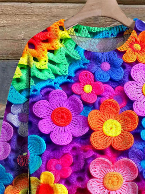 Multicolor Beautiful Flowers Simulation Art Print Knit Pullover Sweater