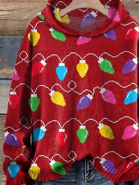 Christmas Lights Print Casual Knitted Hoodie Sweater