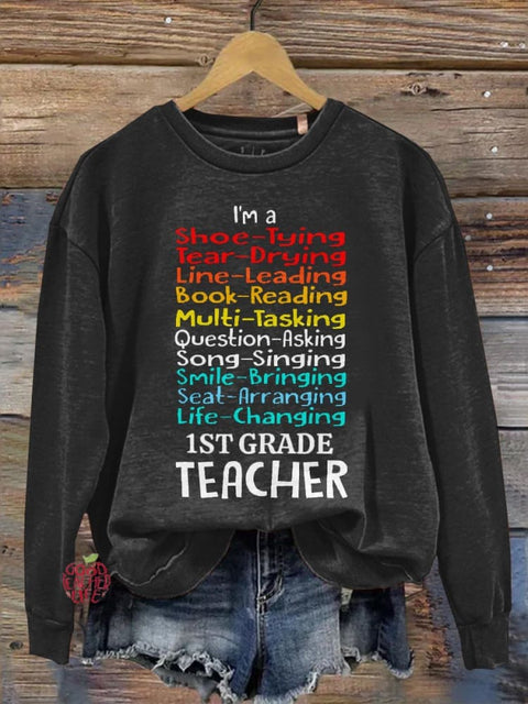 First Grade Teacher Print Casual Long Sleeve Sweatshirt