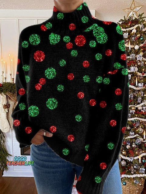 Glitter Christmas Print Knit Turtleneck Pullover Sweater