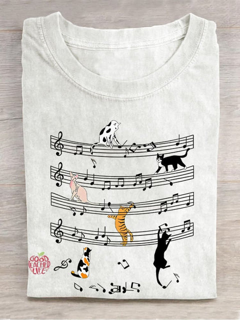 Cats And Music Casual Print T-shirt