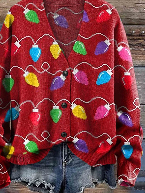 Christmas Lights Print Buttoned Cardigan Sweater